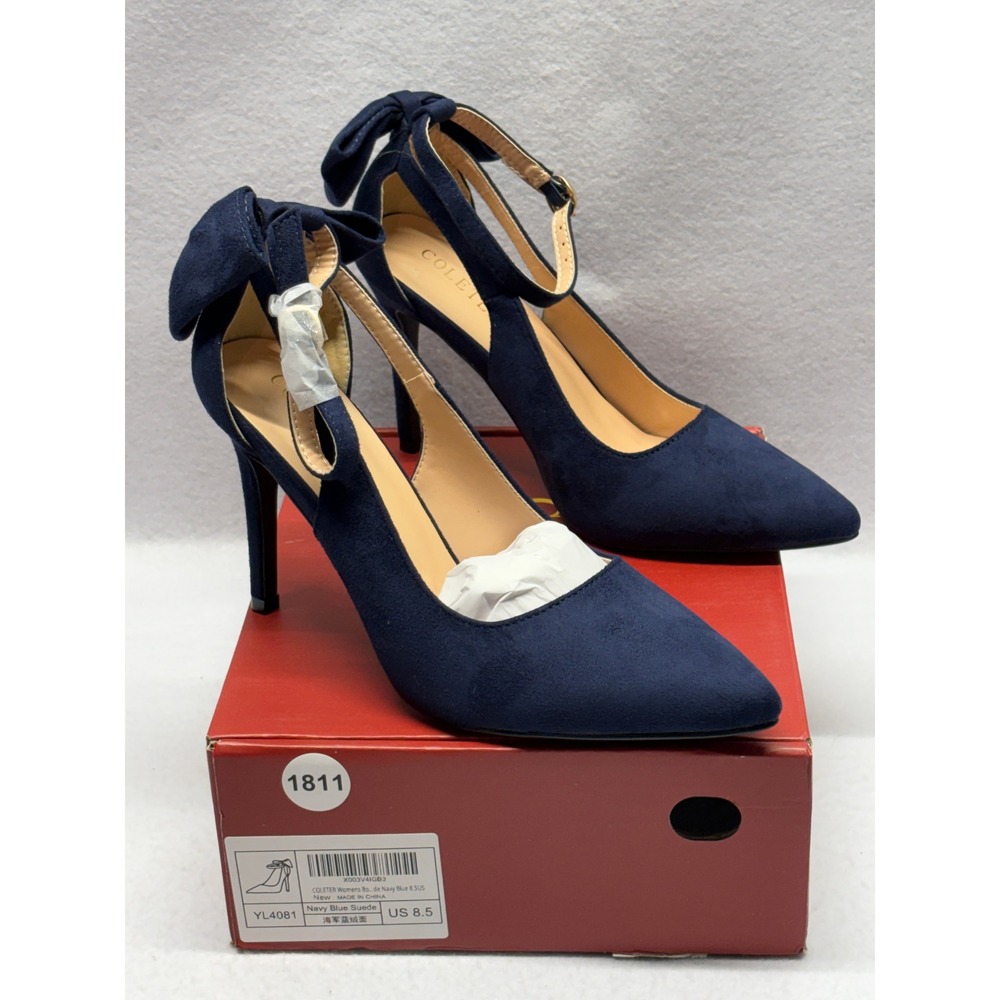Coleter Womens Navy Blue Suede Pointed Toe Bow Ankle Strap Pumps YL4081 Size 8.5